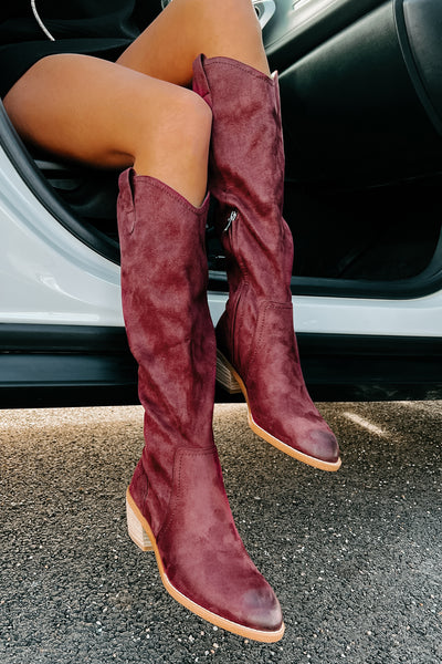 Adalee Faux Suede Knee High Boots (Burgundy) - NanaMacs