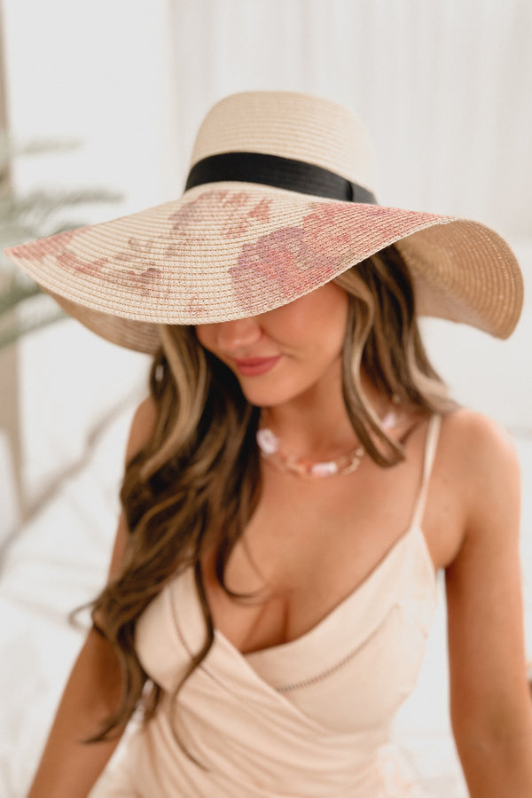 Ocean Elegance Floral Print Floppy Hat (Beige) - NanaMacs