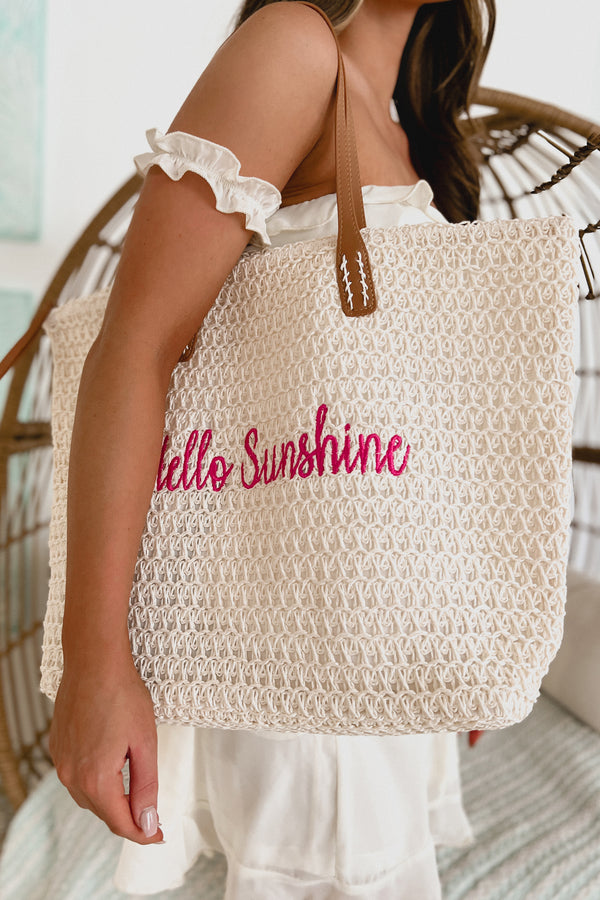 "Hello Sunshine" Embroidered Straw Tote (White/Pink) - NanaMacs