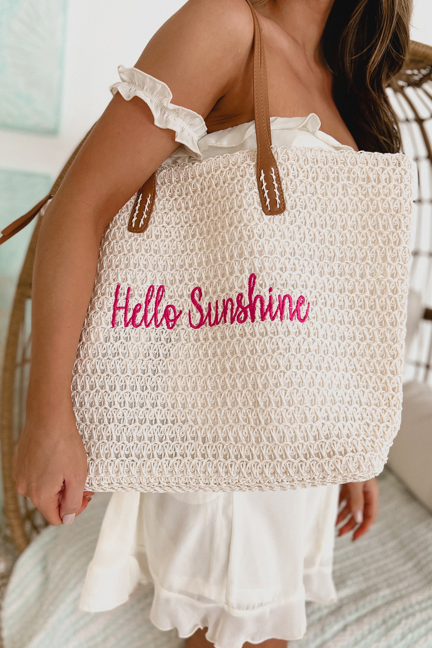 "Hello Sunshine" Embroidered Straw Tote (White/Pink) - NanaMacs