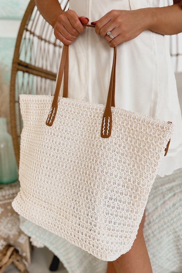 "Hello Sunshine" Embroidered Straw Tote (White/Pink) - NanaMacs