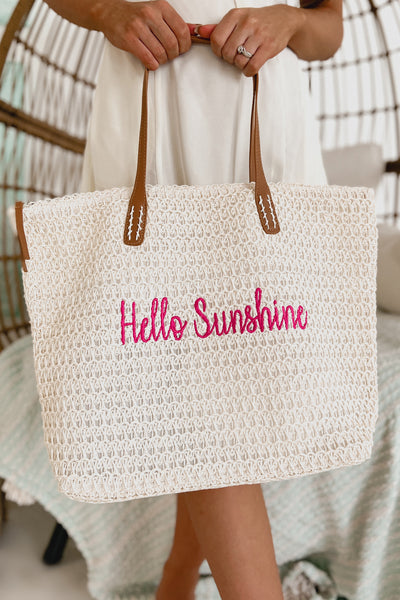 "Hello Sunshine" Embroidered Straw Tote (White/Pink) - NanaMacs