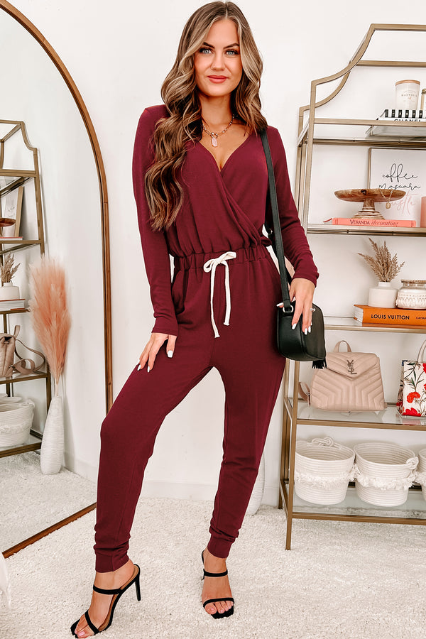 Jump Into It Long Sleeve Terry Cloth Jumpsuit (Wine) - NanaMacs
