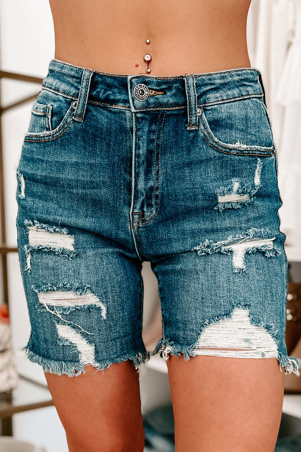 Nowhere To Run High Rise Distressed Cuffed Risen Shorts (Dark) - NanaMacs