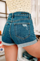 Around Town High Rise Button-Fly Rolled Hem Shorts (Dark) - NanaMacs