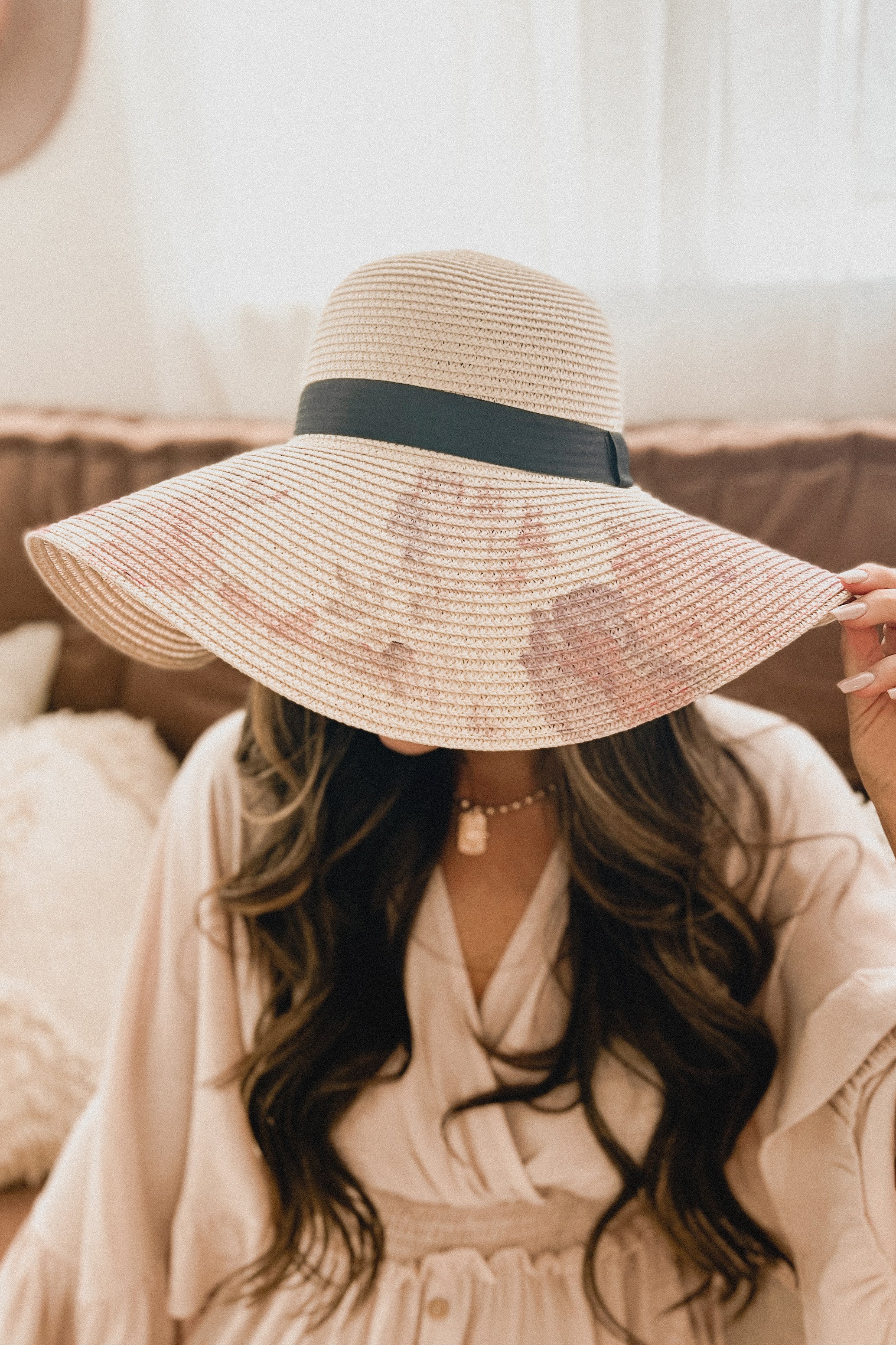 Ocean Elegance Floral Print Floppy Hat (Beige) - NanaMacs