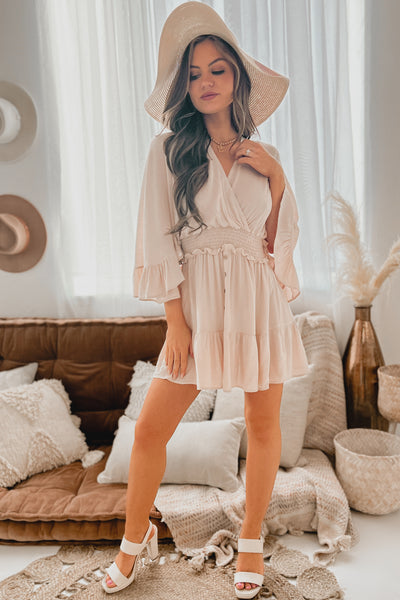 Endless Coastline Kimono Sleeve Smock Waist Mini Dress (Sand) - NanaMacs