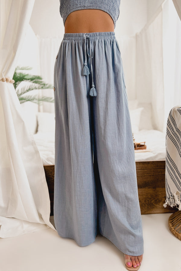 Here For The Heat Linen Tube Top & Pants Set (Dusty Blue) - NanaMacs