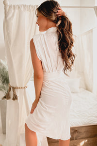 Shot Caller Button-Down Tie-Waist Midi Dress (Off White) - NanaMacs