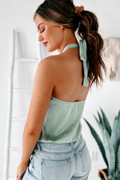 Twist & Tell Satin Halter Bodysuit (Sage) - NanaMacs