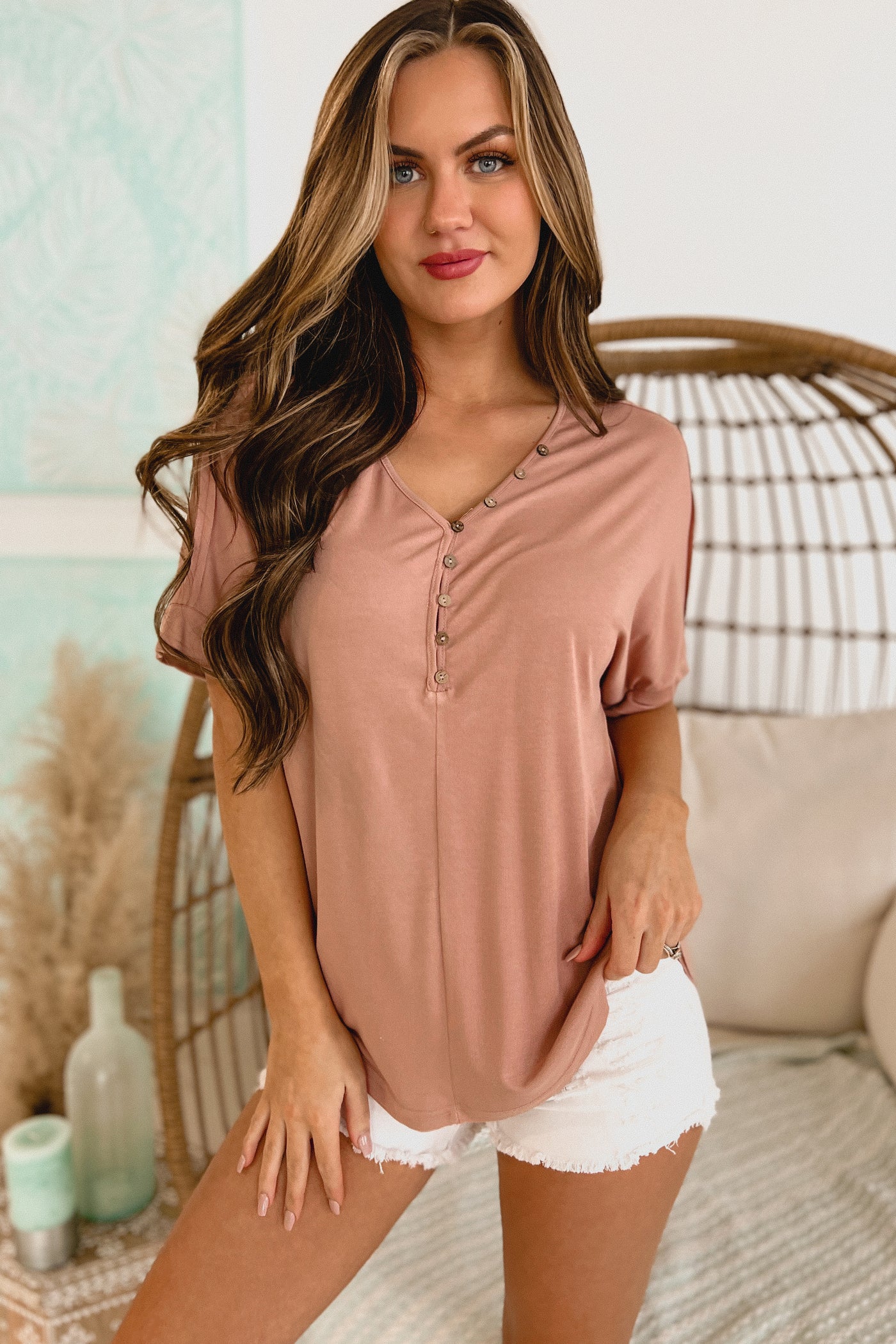 Afternoons With You Short Sleeve Button-Neck Tee (Dark Peach) - NanaMacs