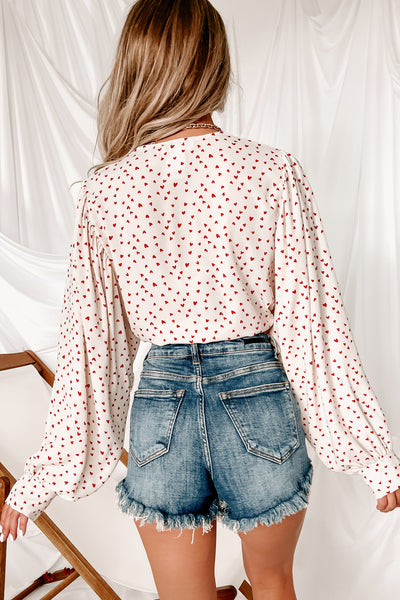 Hold My Heart Tie-Front Long Sleeve Crop Top (Ivory/Red) - NanaMacs