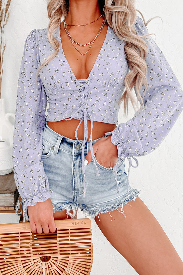 Grow With The Flow Floral Lace-Up Crop Top (Lavender) - NanaMacs