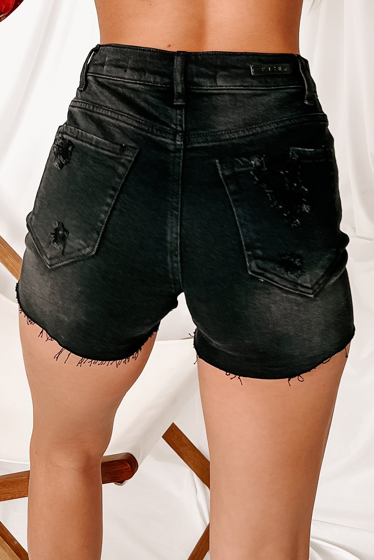 Closely Watching Button-Fly High Rise Distressed Denim Shorts (Black) - NanaMacs