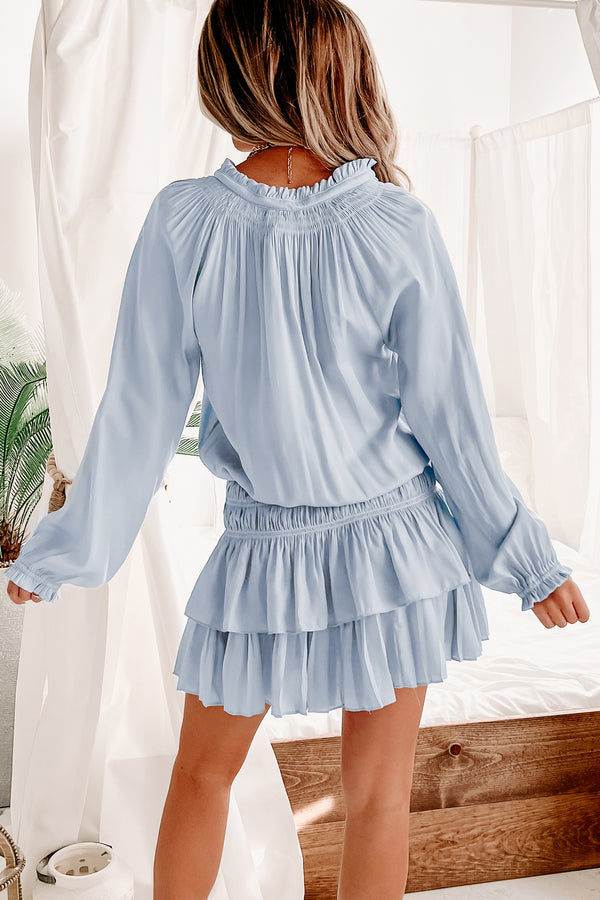 Nilah Tiered Long Sleeve Mini Dress (Misty Blue) - NanaMacs