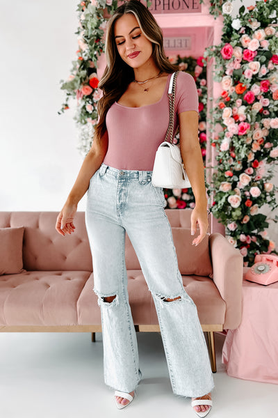 From Day One Ribbed Square Neck Bodysuit (Mauve) - NanaMacs