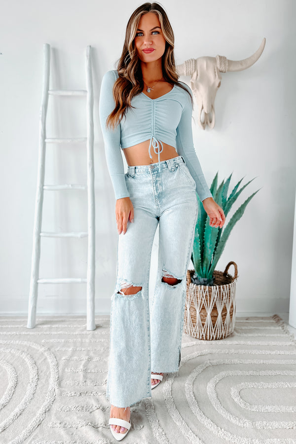 Put On Notice Ruched Front Ribbed Crop Top (Light Blue) - NanaMacs