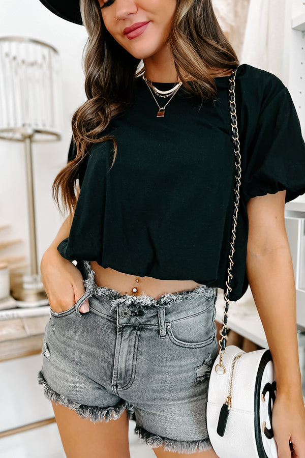 Talulah Short Sleeve Bubble Crop Top (Black) - NanaMacs