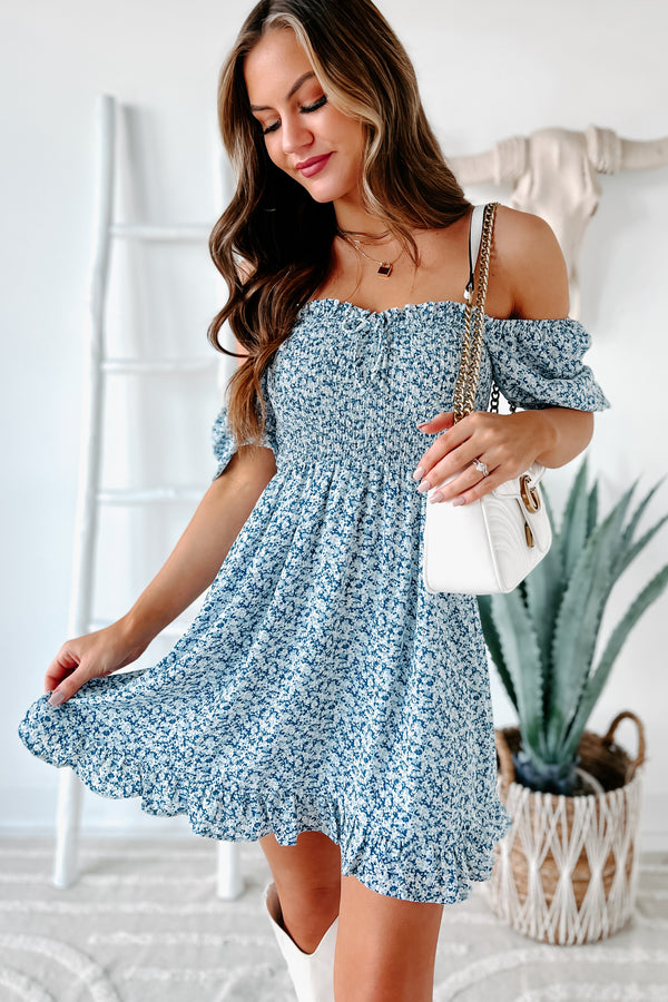 Azure Smocked Floral Mini Dress (Blue) - NanaMacs