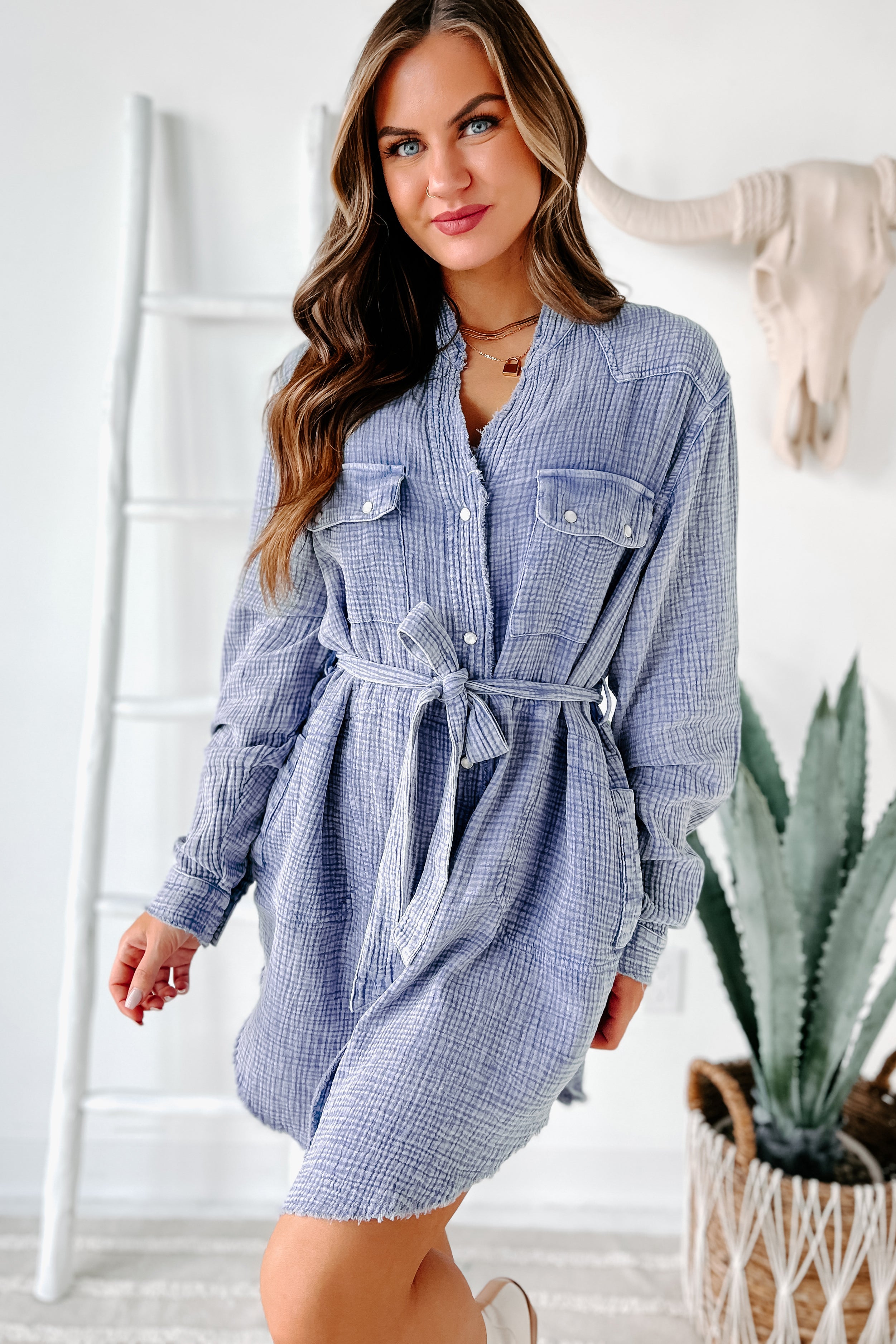 Breelynn Tie-Waist Button-Down Tunic Dress (Blue) - NanaMacs