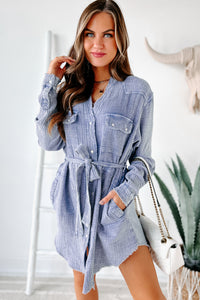 Breelynn Tie-Waist Button-Down Tunic Dress (Blue) - NanaMacs