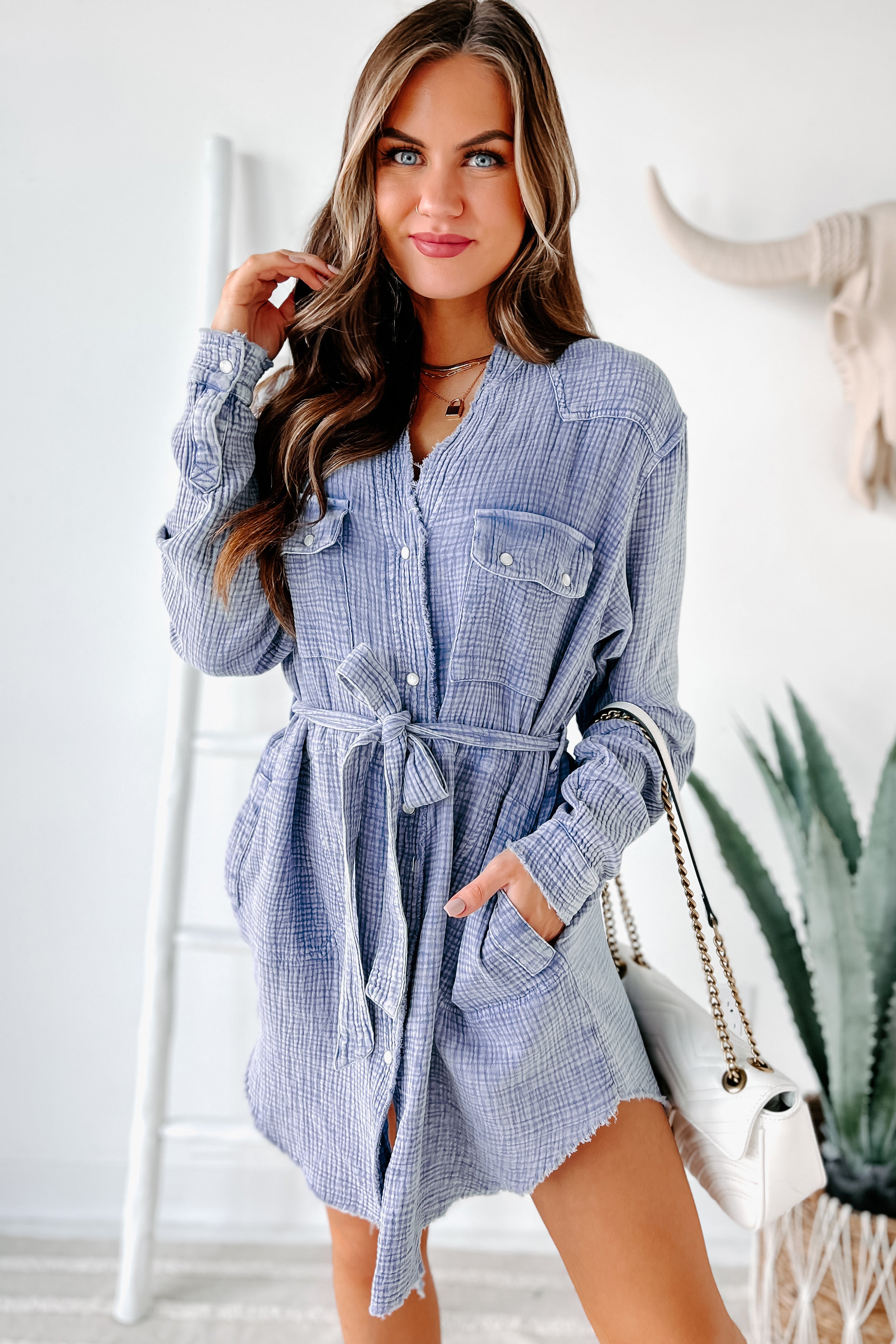 Breelynn Tie-Waist Button-Down Tunic Dress (Blue) - NanaMacs