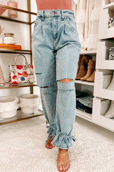 Tying Up Loose Ends Distressed Ankle Tie Boyfriend Jeans (Light) - NanaMacs