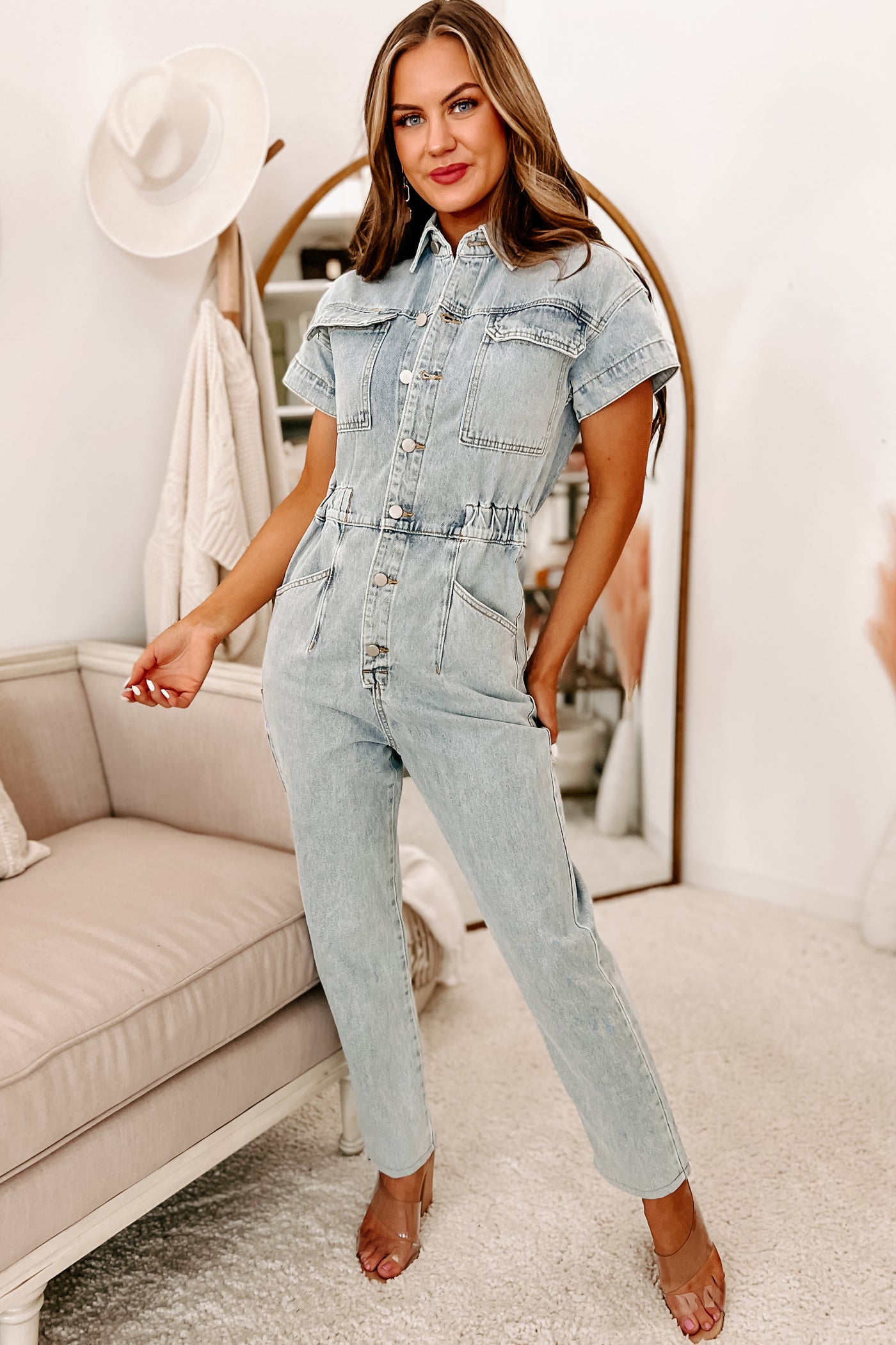 Quick Study Button-Down Denim Jumpsuit (Denim) - NanaMacs