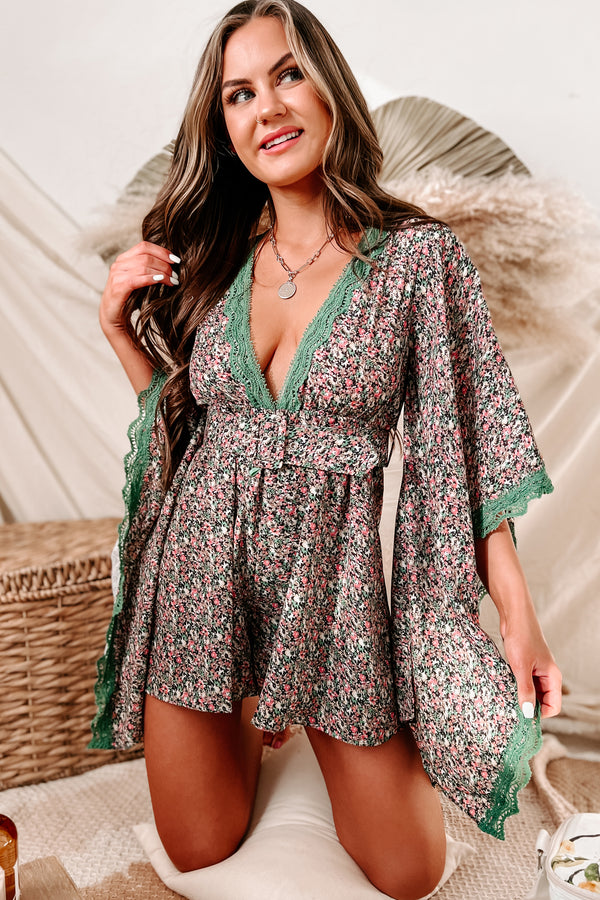 Zen Garden Floral Kimono Sleeve Romper (Green Multi) - NanaMacs