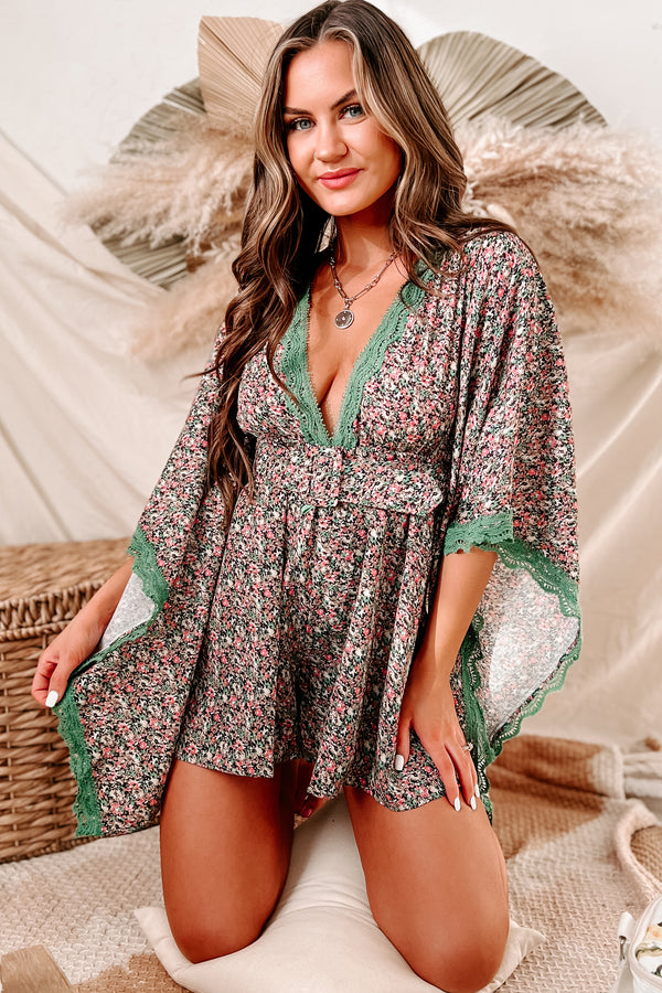 Zen Garden Floral Kimono Sleeve Romper (Green Multi) - NanaMacs