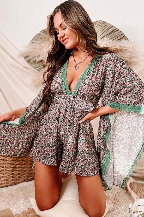 Zen Garden Floral Kimono Sleeve Romper (Green Multi) - NanaMacs