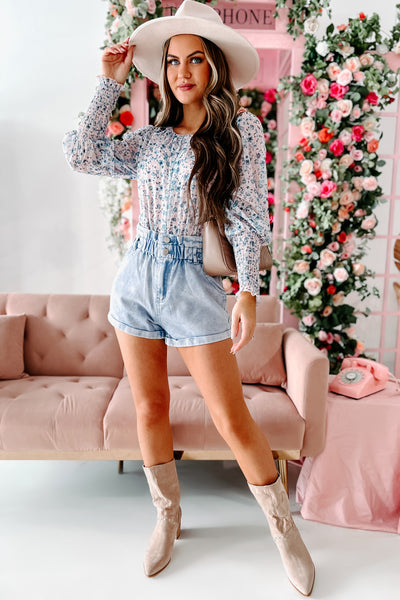 Focusing On Forever Floral Bishop Sleeve Bodysuit (Pink/Denim Multi) - NanaMacs