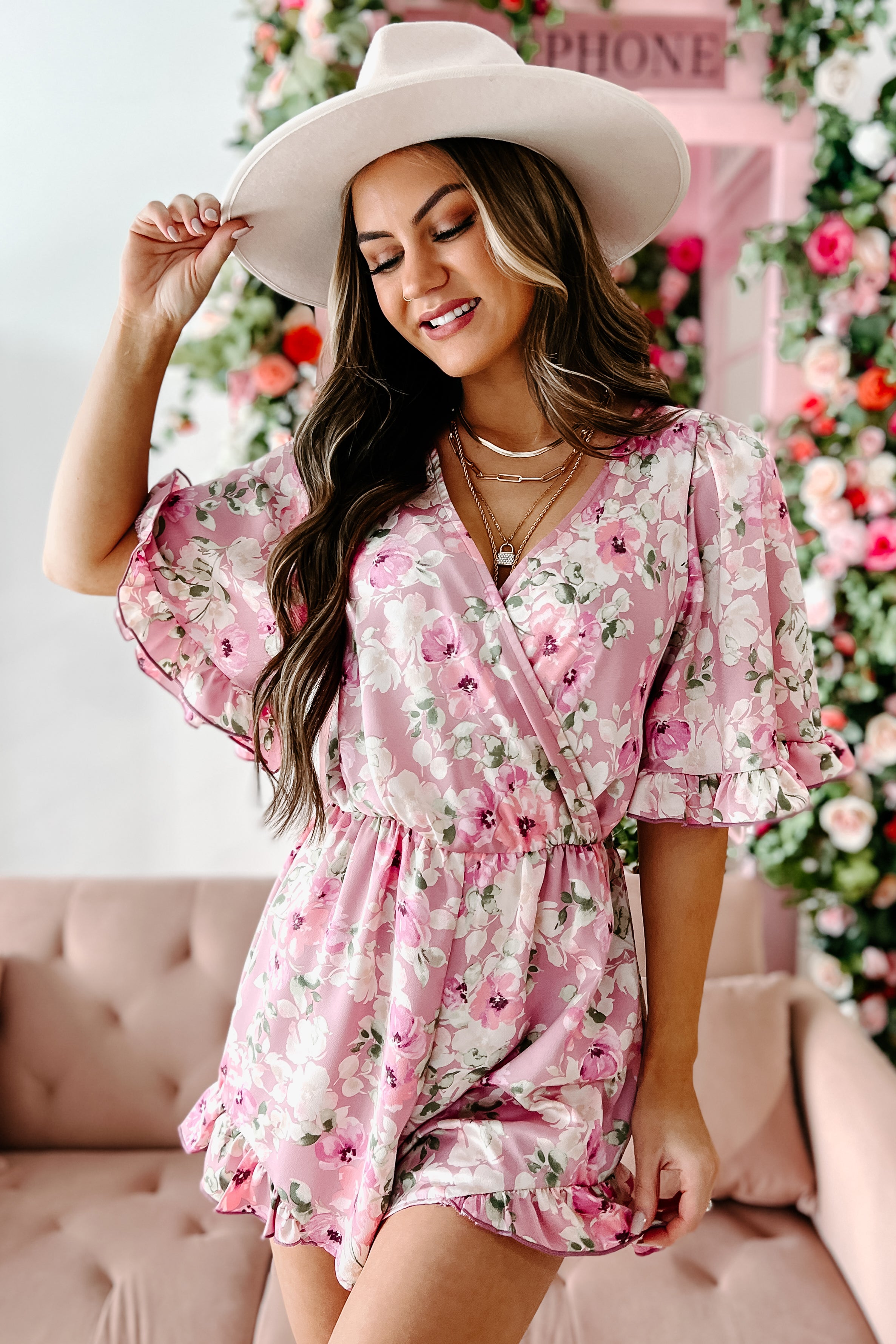 Pure Sweetness Floral Surplice Romper (Dusty Pink Multi) · NanaMacs