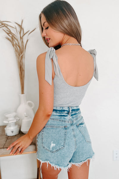 Cadence Ribbed Tie-Shoulder Bodysuit (Heather Grey) - NanaMacs