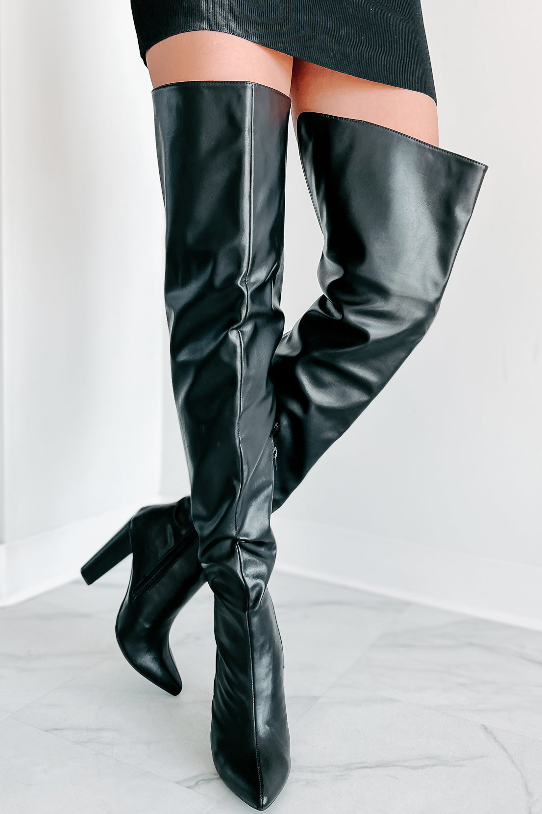 Black faux leather shop thigh high boots