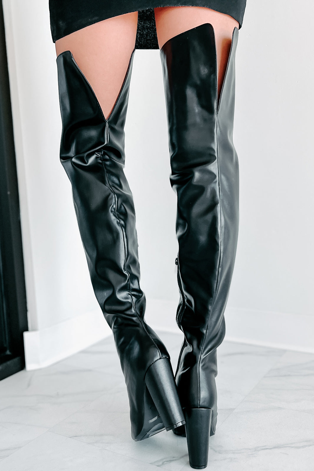 Here Comes Trouble Faux Leather Thigh High Boots (Black) - NanaMacs