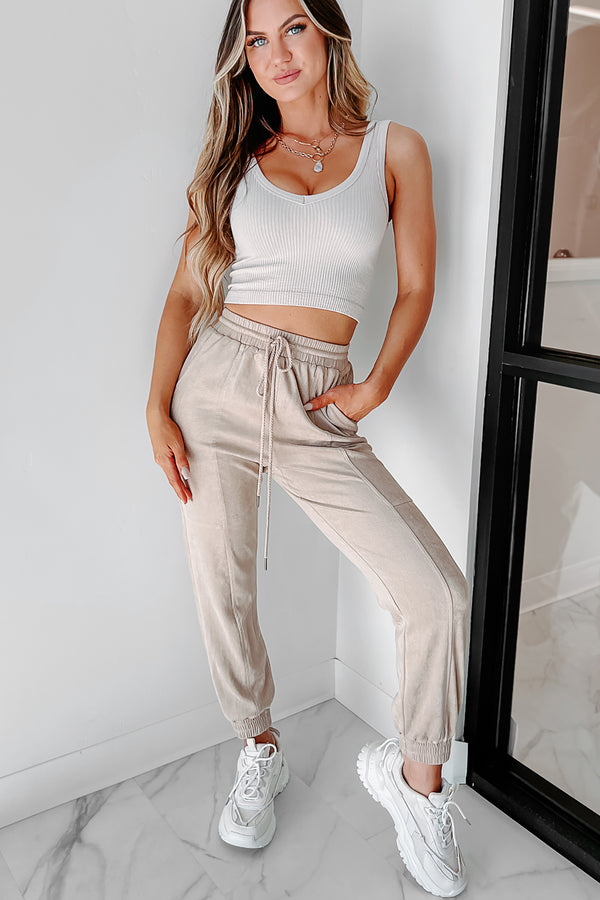 Leave You Lounging Faux Suede Joggers (Beige) - NanaMacs