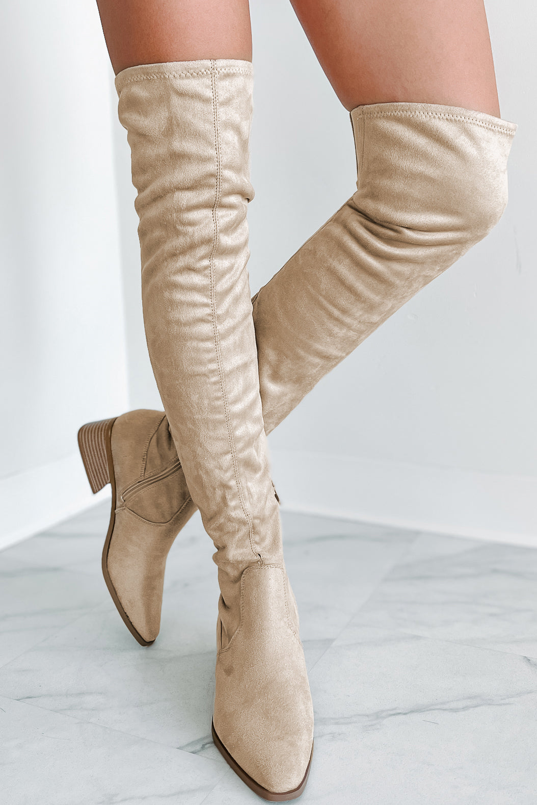 Sweetest Of Fall Faux Suede Over The Knee Boots Taupe