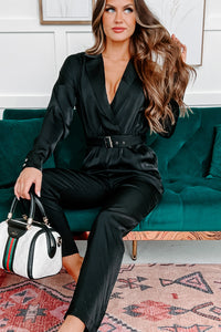 Exchanged Glances Long Sleeve Belted Jumpsuit (Black) - NanaMacs