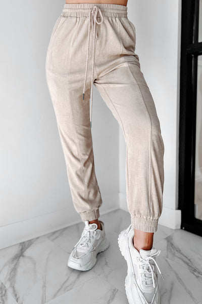 Leave You Lounging Faux Suede Joggers (Beige) - NanaMacs