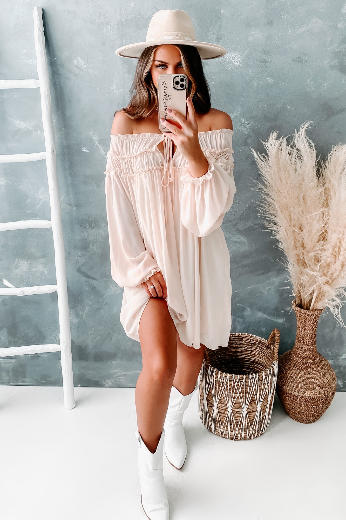 Beige off best sale shoulder chiffon blouse