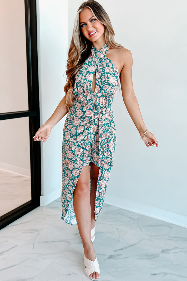 Desert Sunset Floral Halter Wrap Dress (Teal) - NanaMacs