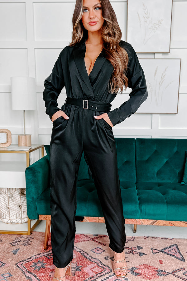 Exchanged Glances Long Sleeve Belted Jumpsuit (Black) - NanaMacs