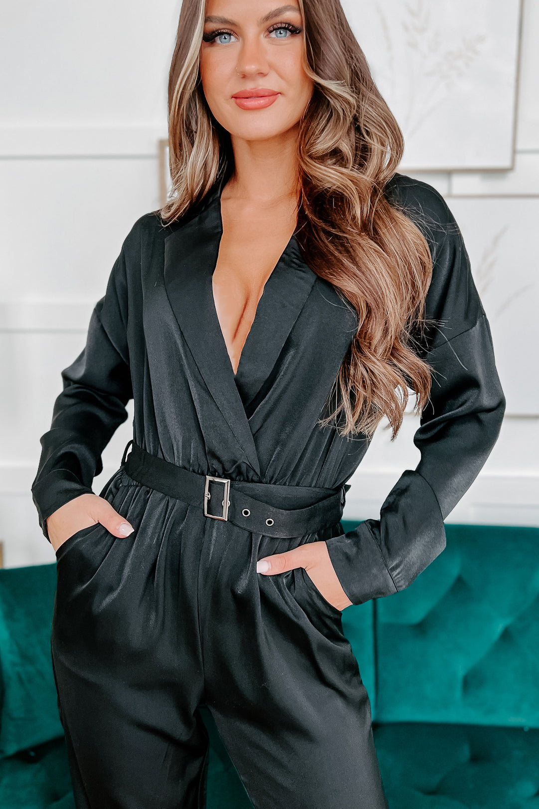 Exchanged Glances Long Sleeve Belted Jumpsuit (Black) - NanaMacs