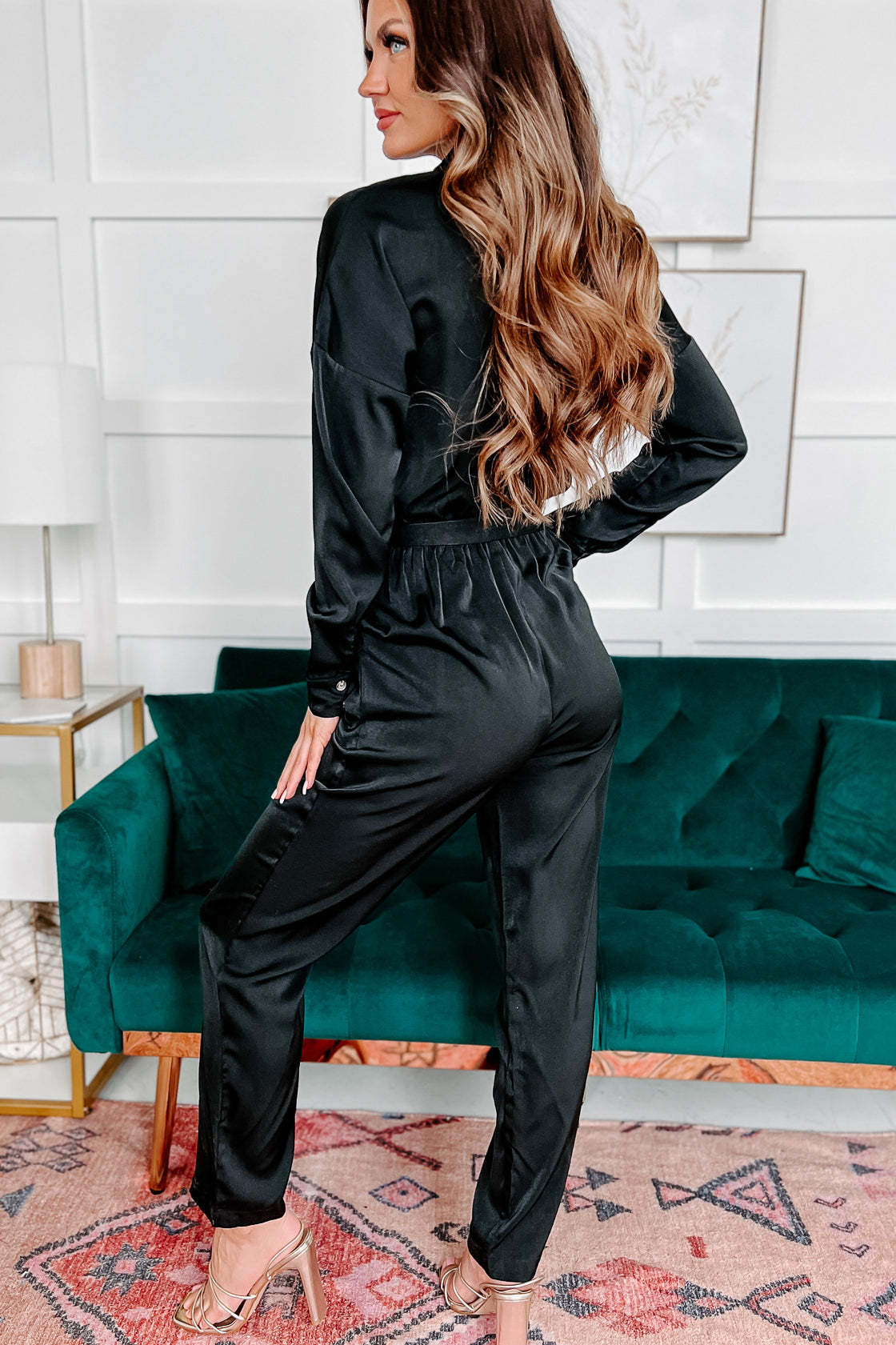 Exchanged Glances Long Sleeve Belted Jumpsuit (Black) - NanaMacs