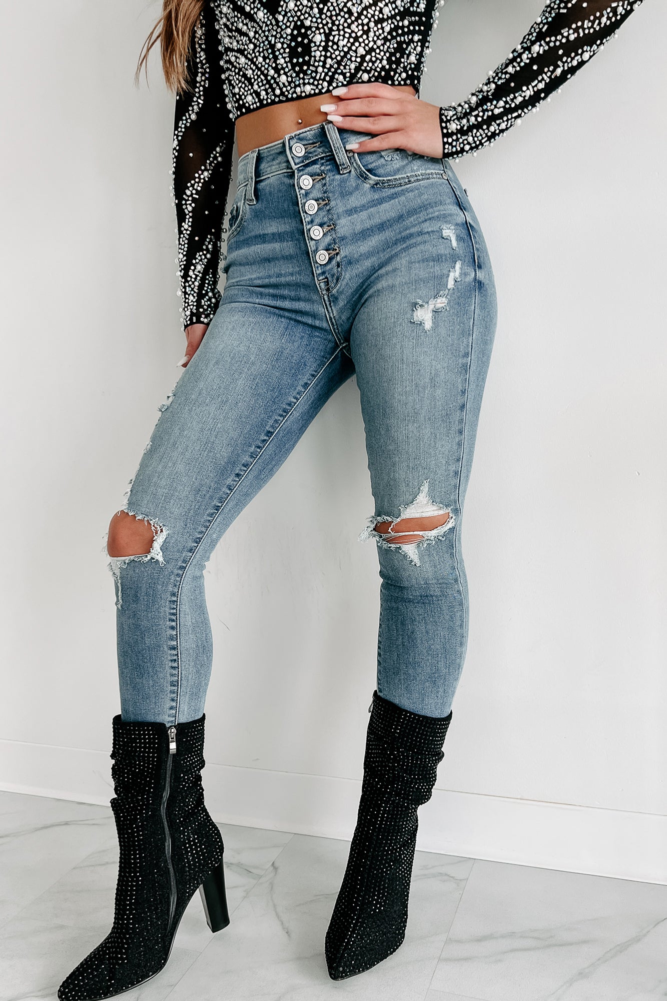 rolle om forladelse Benign Tonya High Rise Button-Fly Distressed Eunina Skinny Jeans (Medium Ligh –  NanaMacs