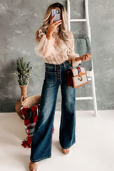 Make Him Pay Lace Balloon Sleeve Top (Champagne) - NanaMacs