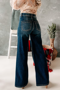 Take Responsibility Sneak Peek High Rise Button-Fly Wide Leg Jeans (Dark) - NanaMacs