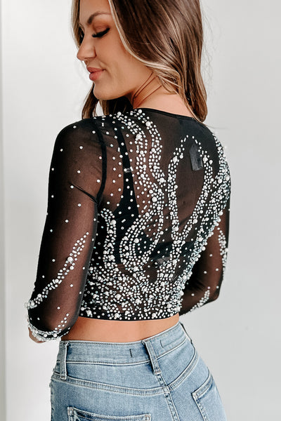 I'm All About Me Rhinestone & Pearl Studded Crop Top (Black) - NanaMacs
