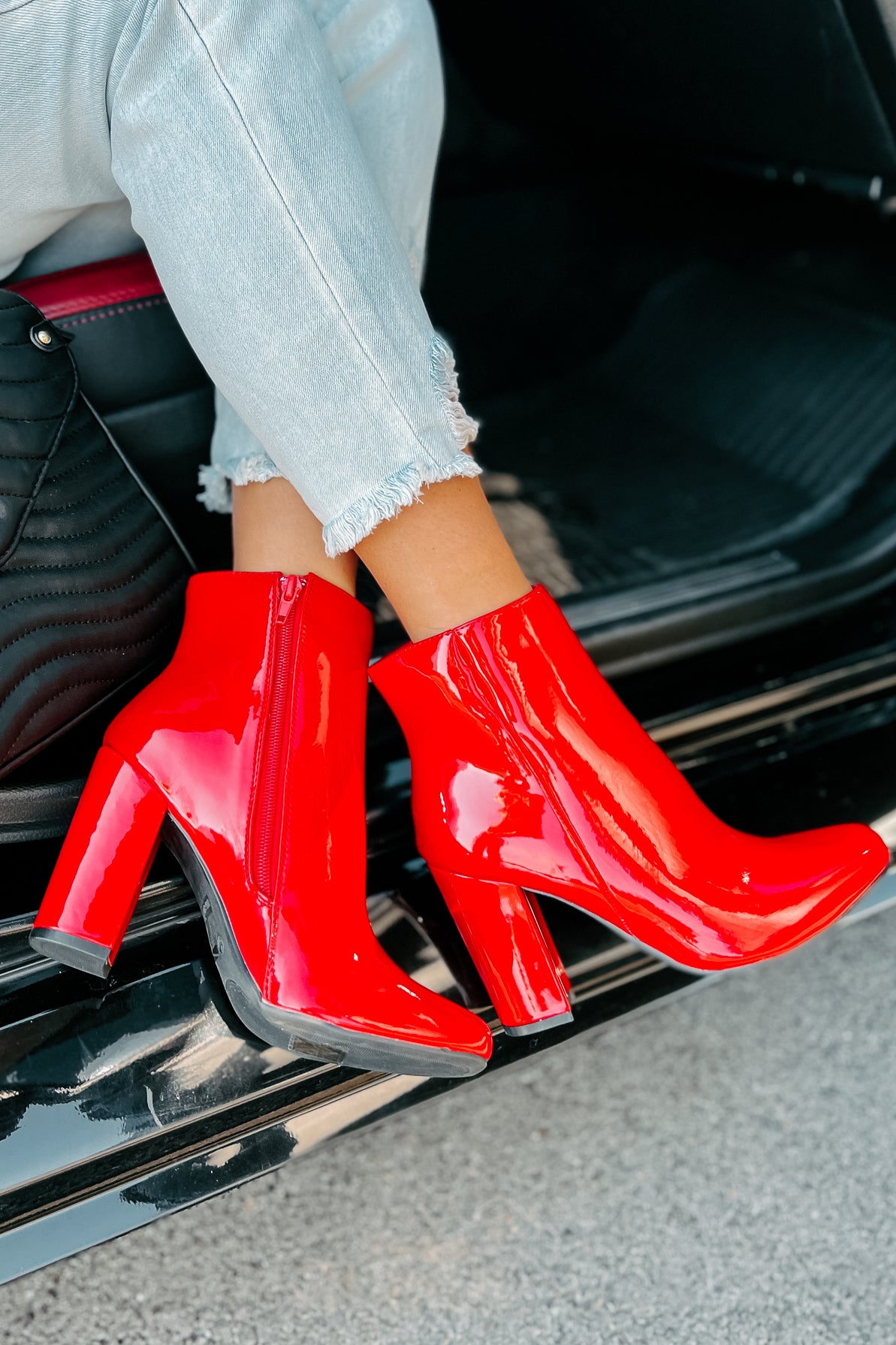 Show Up & Show Off Patent Leather Heeled Ankle Booties (Red) - NanaMacs